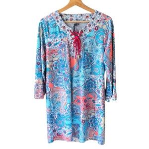 AQUA ET SOL Sz L Paisley Beachy Floral Swim Cover Multi Color Mini Dress Lace Up